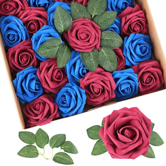 Artificial Rose Flowers, 25 Pcs Artificial Rose Heads and Leaf for DIY Wedding Bouquets/Home Decorations(13 Burgundy + 12 Royal Blue)