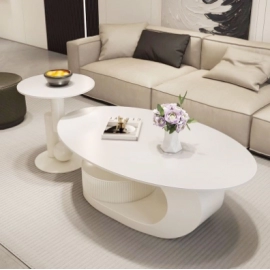 Cream living room coffee table, rock board tea tab..