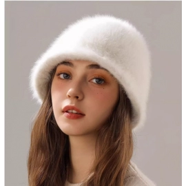 Female winter big head circumference real rabbit fur plush hat autumn winter basin hat covers face and highlights face small bucket fisherman hat