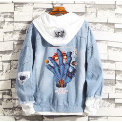 Women's Anime Denim Fake Two-Piece Jacket Fall Couple Trend Fashion Casual Sweatshirt Hoodie